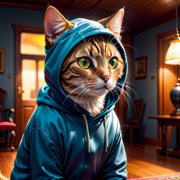 Illustration of a cat in a hoodie in the house