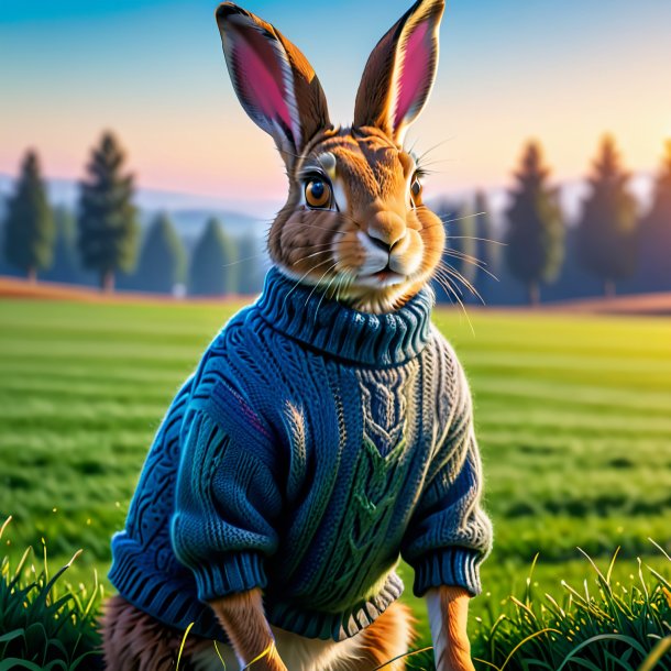 Image of a hare in a sweater on the field