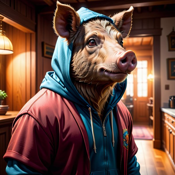 Illustration of a boar in a hoodie in the house