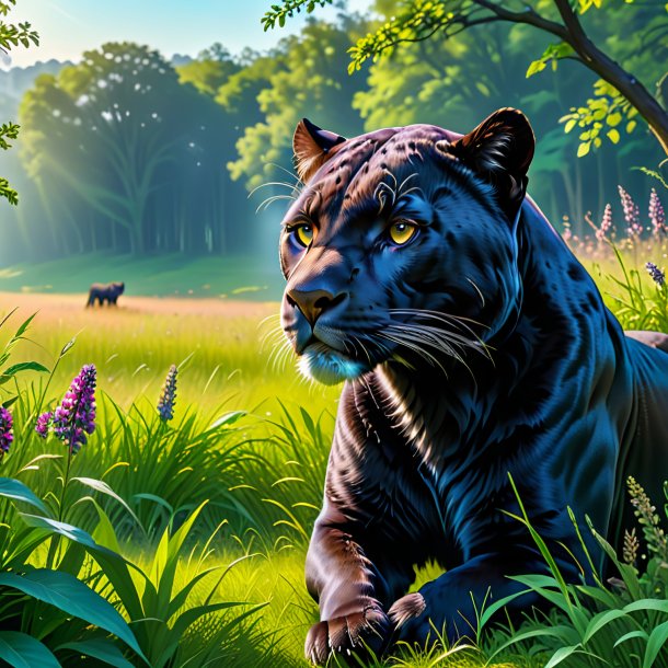 Pic of a waiting of a panther in the meadow