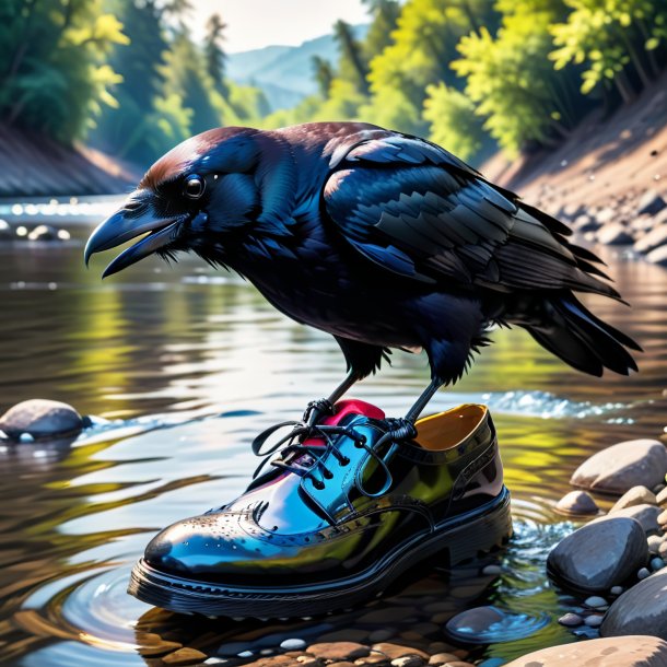 Foto de un cuervo en un zapato en el río