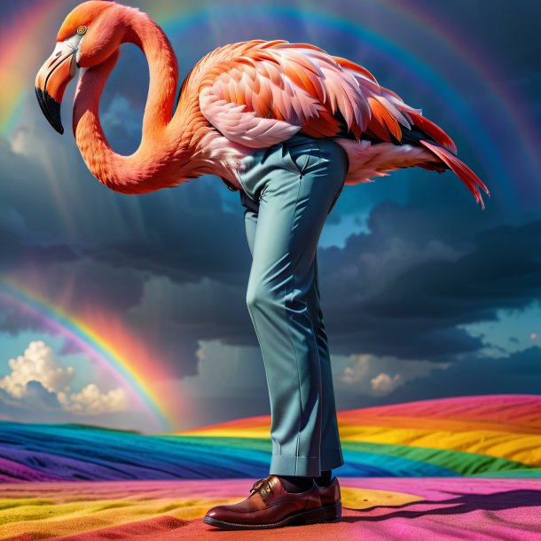 Foto de um flamingo em uma calça no arco-íris