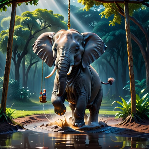 Photo of a swinging on a swing of a elephant in the puddle