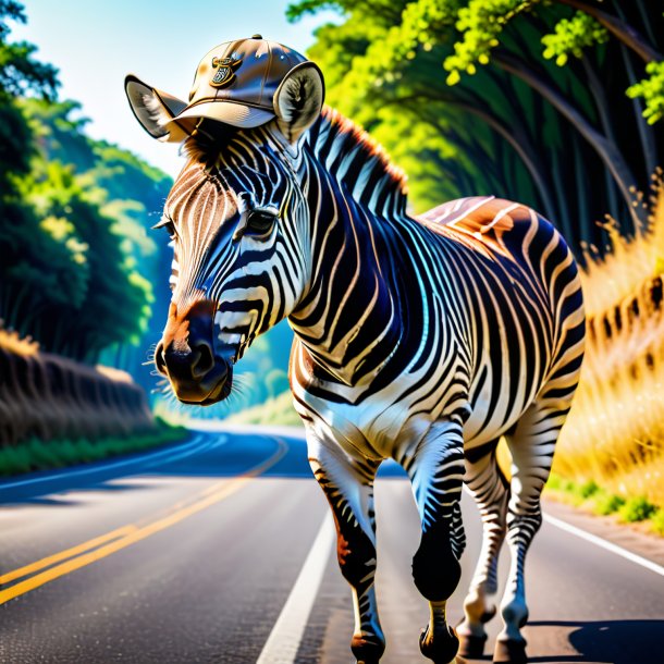 Pic of a zebra in a cap on the road