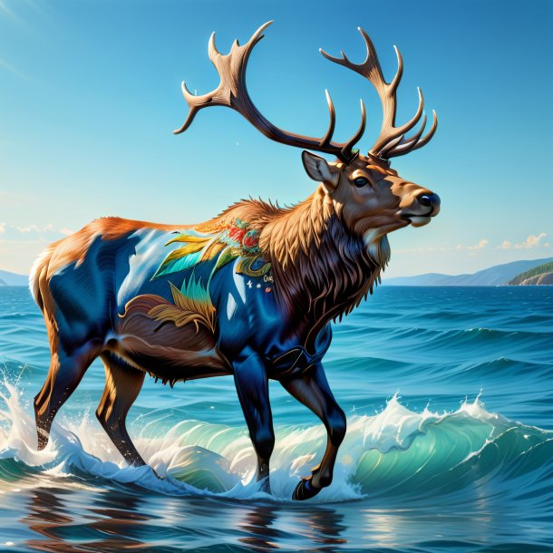 Dessin d'un wapiti dans un jean dans la mer