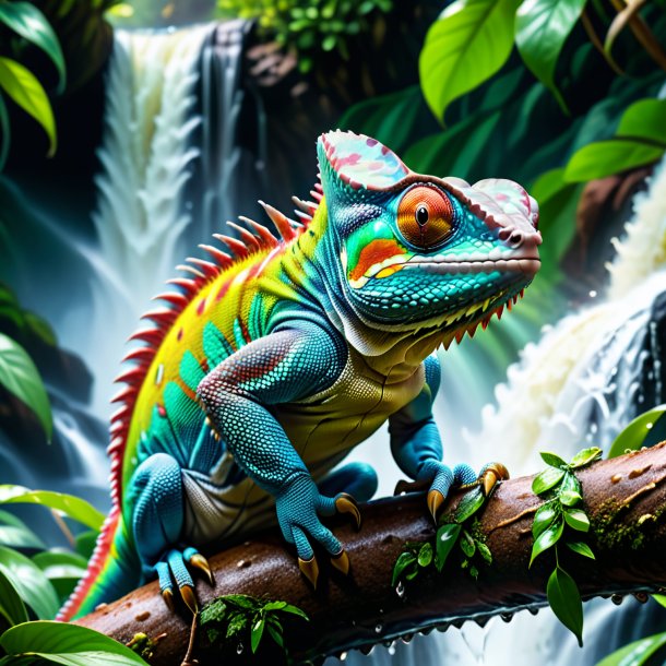 Image of a angry of a chameleon in the waterfall