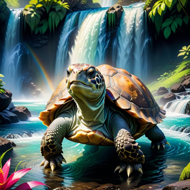 Picture of a tortoise in a dress in the waterfall