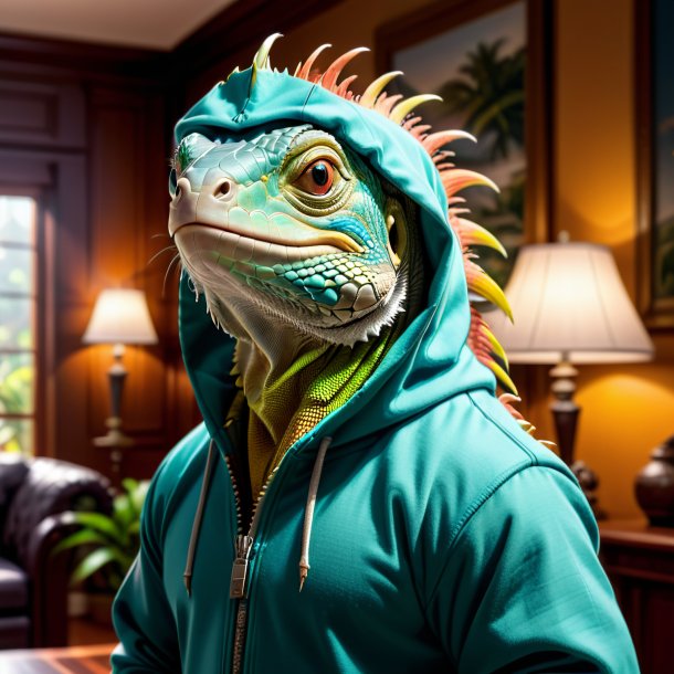 Imagem de uma iguana em um hoodie na casa