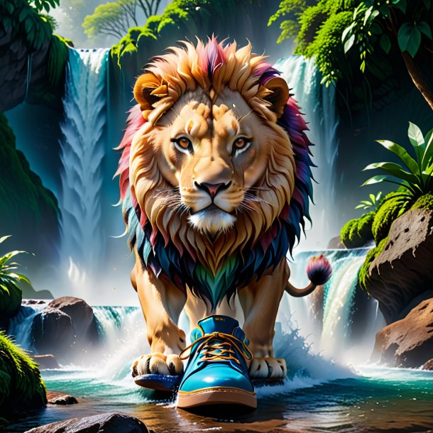 Photo of a lion in a shoes in the waterfall