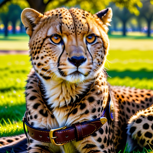 Foto de un guepardo en un cinturón en el parque