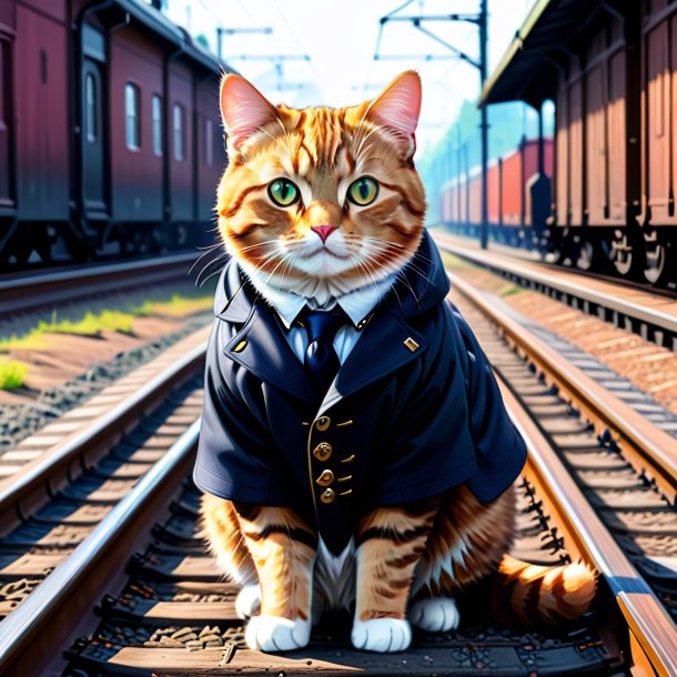 Drawing of a cat in a coat on the railway tracks