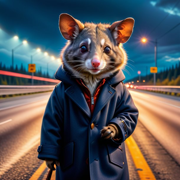 Photo of a possum in a coat on the highway