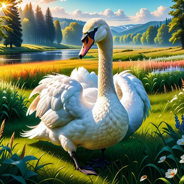 Illustration of a swan in a coat in the meadow