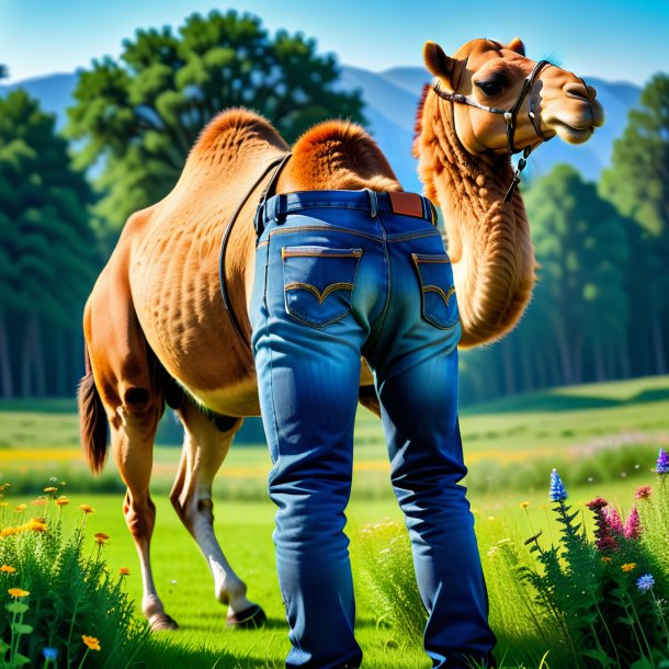 Pic of a camel in a jeans in the meadow