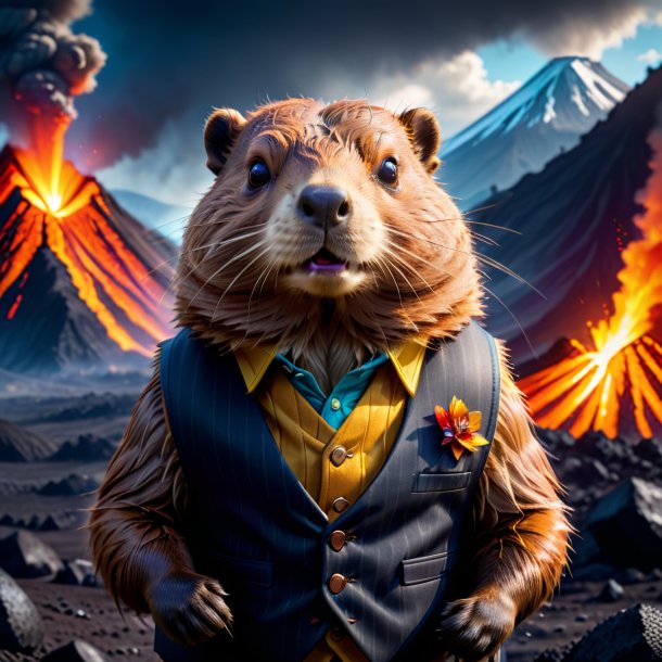 Photo of a beaver in a vest in the volcano