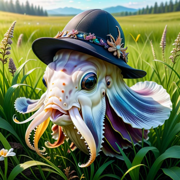 Drawing of a cuttlefish in a hat in the meadow