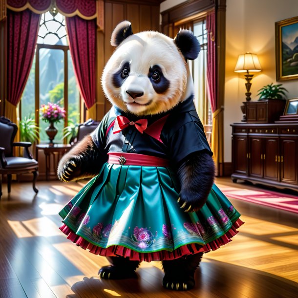 Pic of a giant panda in a skirt in the house