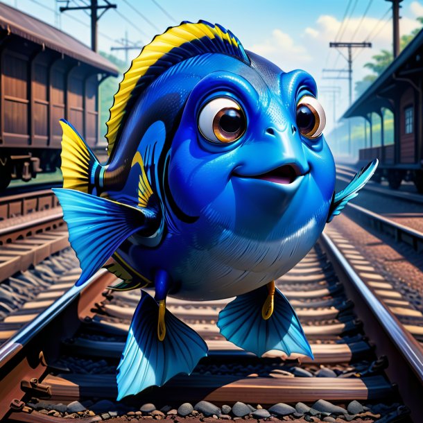 Illustration of a blue tang in a belt on the railway tracks