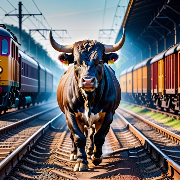 Picture of a bull in a coat on the railway tracks