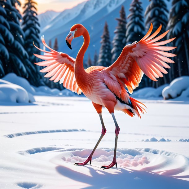 Image of a dancing of a flamingo in the snow