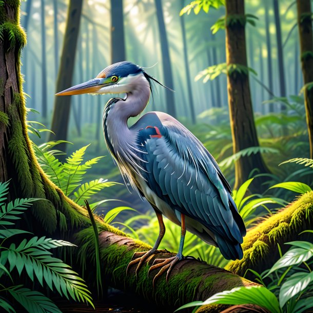 Picture of a resting of a heron in the forest