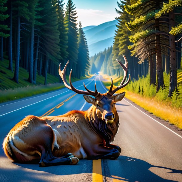 Pic d'un repos d'un wapiti sur la route