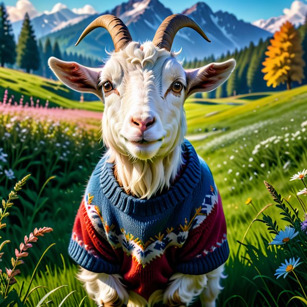 Picture of a goat in a sweater in the meadow