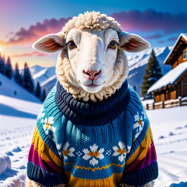 Pic of a sheep in a sweater in the snow