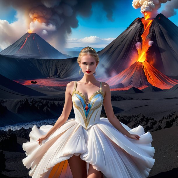 Picture of a swan in a dress in the volcano