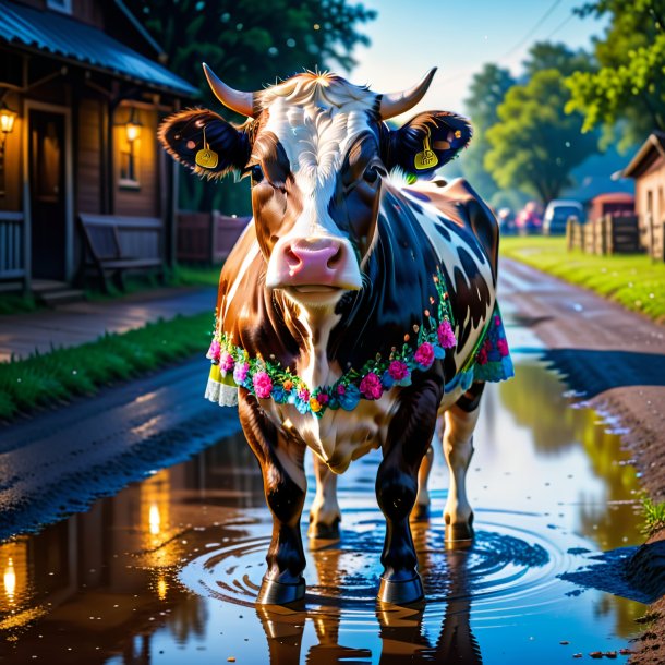 Pic d'une vache dans une robe dans la flaque