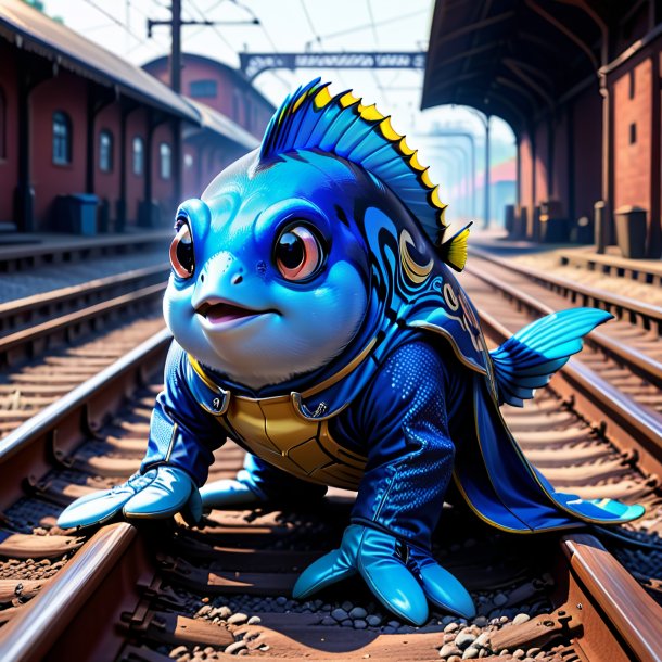 Drawing of a blue tang in a gloves on the railway tracks