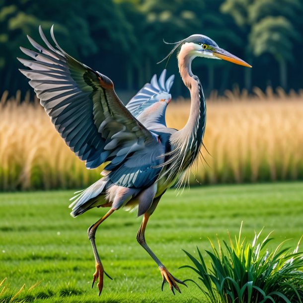 Image of a jumping of a heron on the field