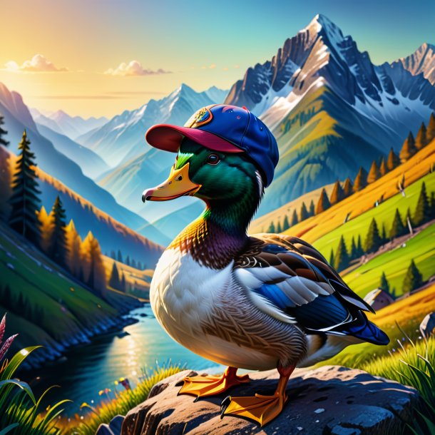 Drawing of a duck in a cap in the mountains