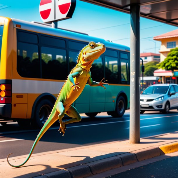 Photo of a jumping of a lizard on the bus stop