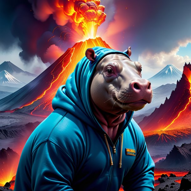 Image of a hippopotamus in a hoodie in the volcano