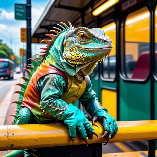 Imagen de una iguana en guantes en la parada de autobús