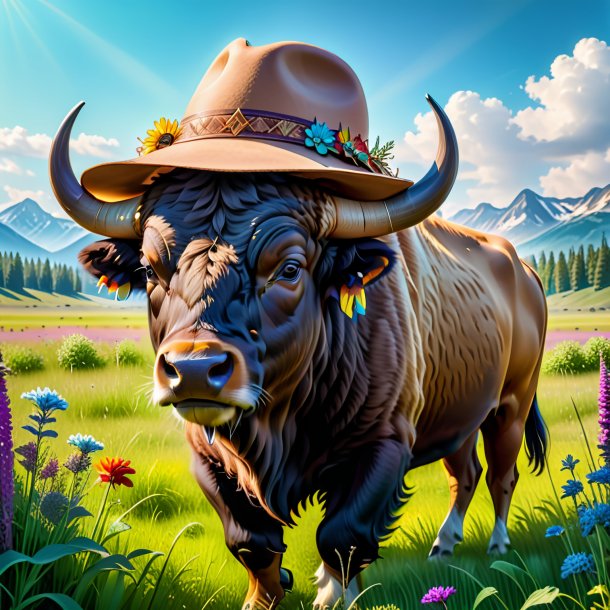 Picture of a buffalo in a hat in the meadow