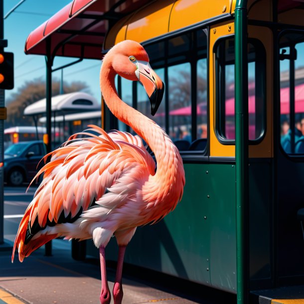 Drawing of a flamingo in a coat on the bus stop