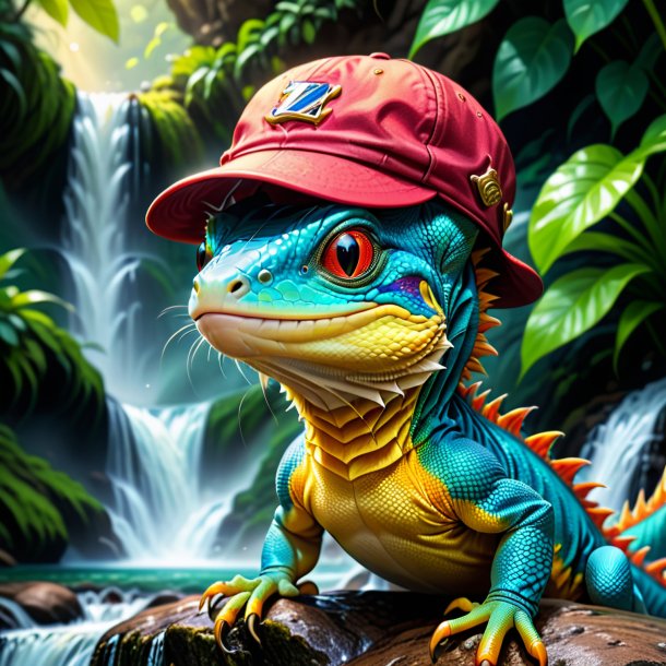 Drawing of a lizard in a cap in the waterfall