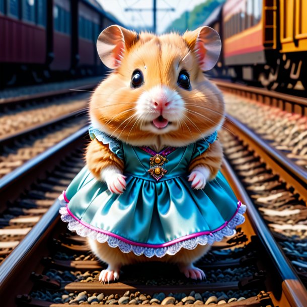 Picture of a hamster in a dress on the railway tracks