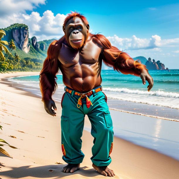 Image of a orangutan in a trousers on the beach