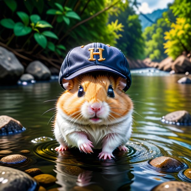 Foto de un hámster en un gorro en el río