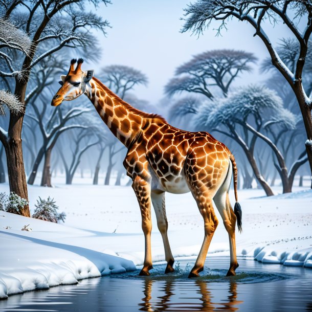 Image of a swimming of a giraffe in the snow