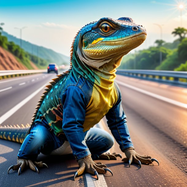 Imagem de um monitor lagarto em um jeans na estrada