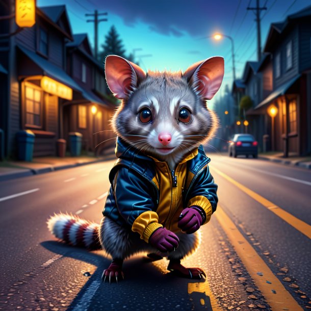 Drawing of a possum in a gloves on the road