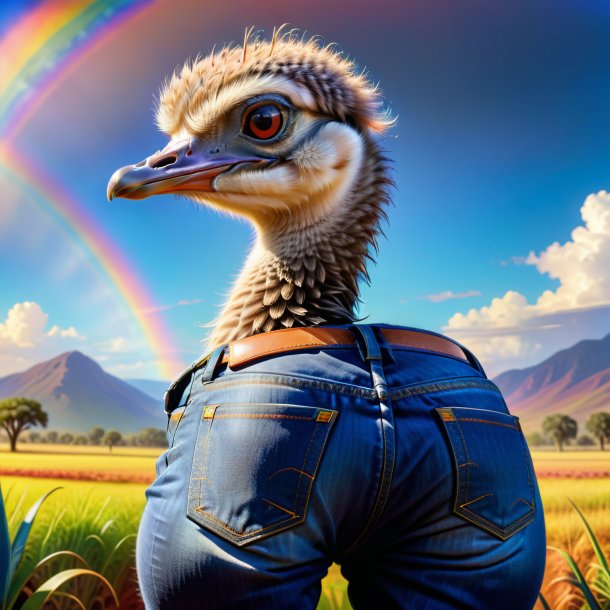 Picture of a ostrich in a jeans on the rainbow