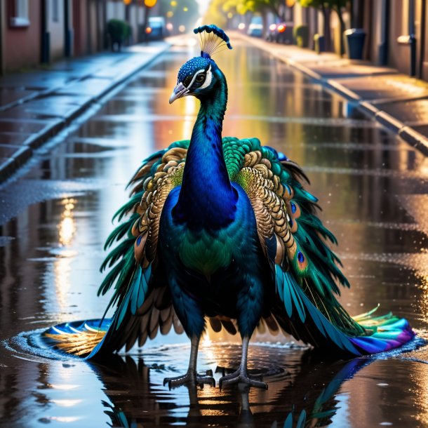 Image of a peacock in a jacket in the puddle