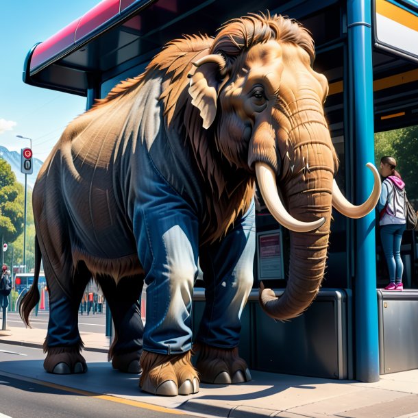 Drawing of a mammoth in a jeans on the bus stop