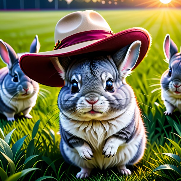 Foto de una chinchillas en un sombrero en el campo