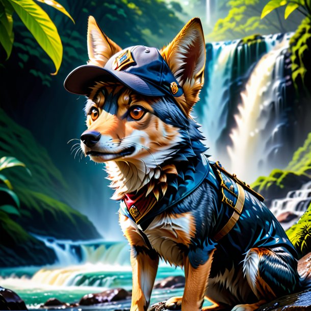 Pic of a jackal in a cap in the waterfall